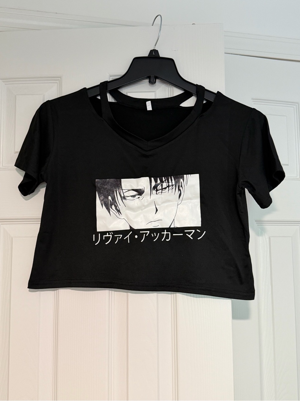Black Graphic Crop Top with Strappy Neckline